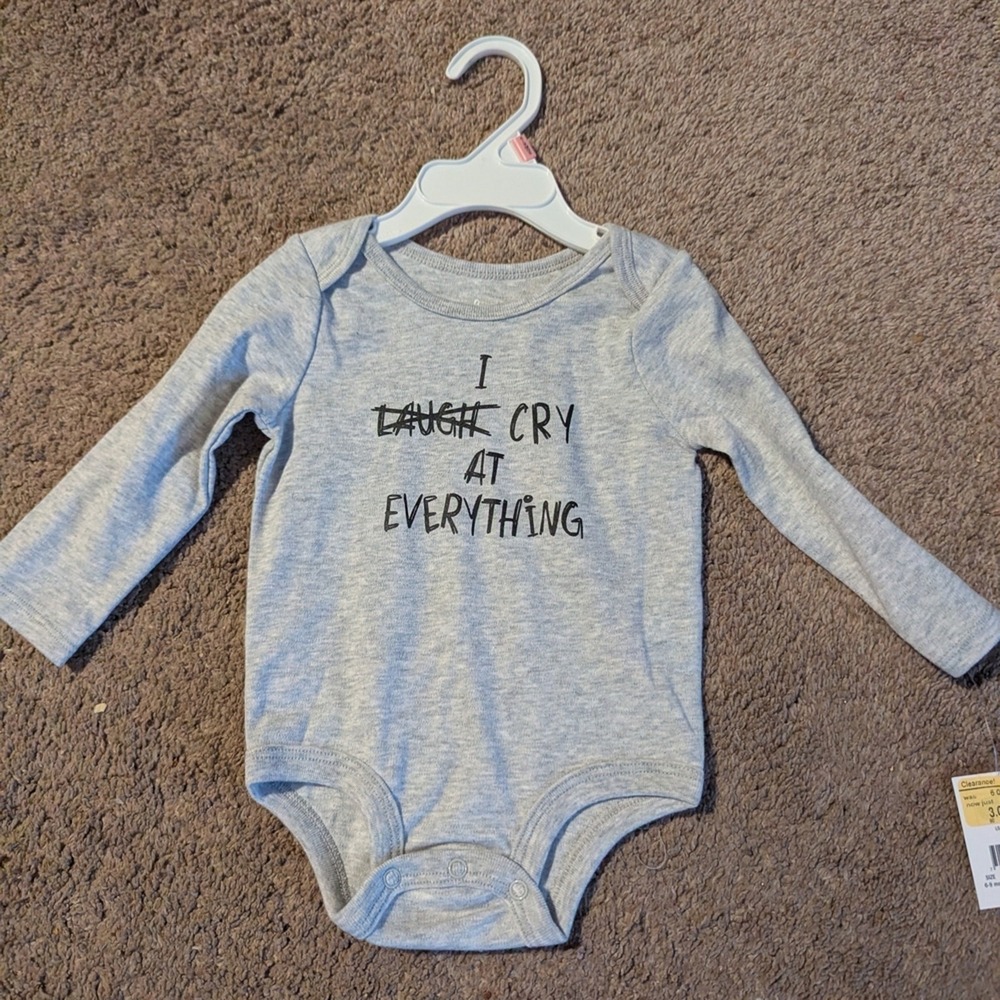 Lullaby Lane Bodysuit Baby 6-9M Gray NEW I Cry At Everything Graphic Long Sleeve
